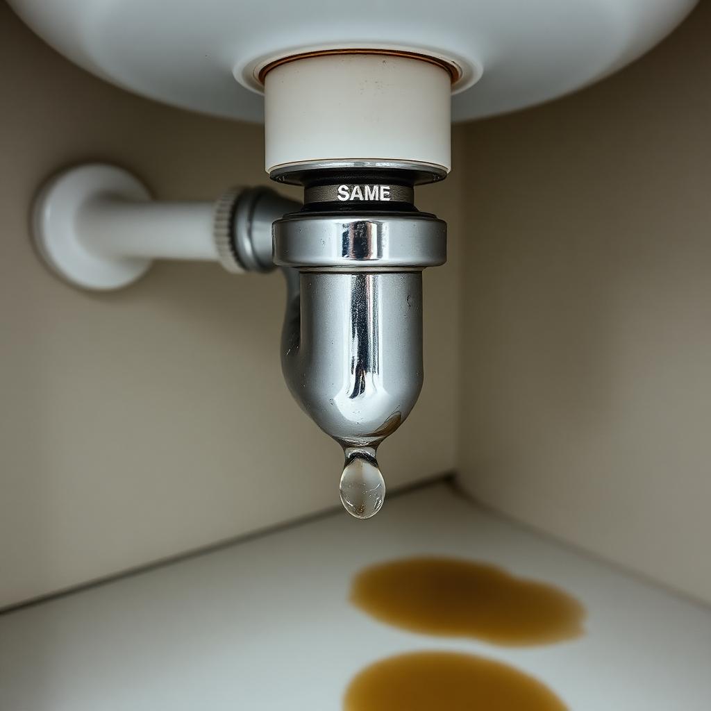 Leaking sink trap with water droplet and stain